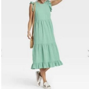 NWT Target Universal Thread flutter sleeve midi mint green teal tiered dress